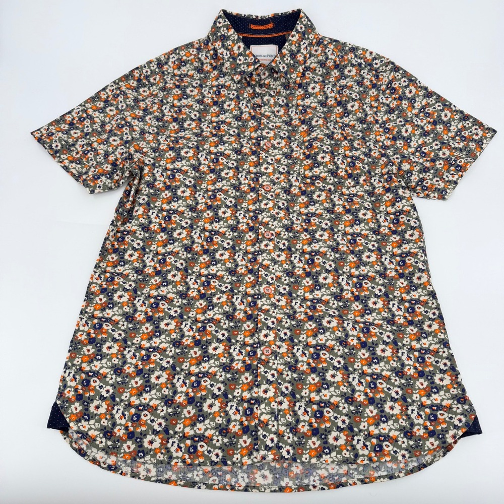 Across The Pond Button Up Shirt Mens Medium Olive Orange Excellent Floral SS